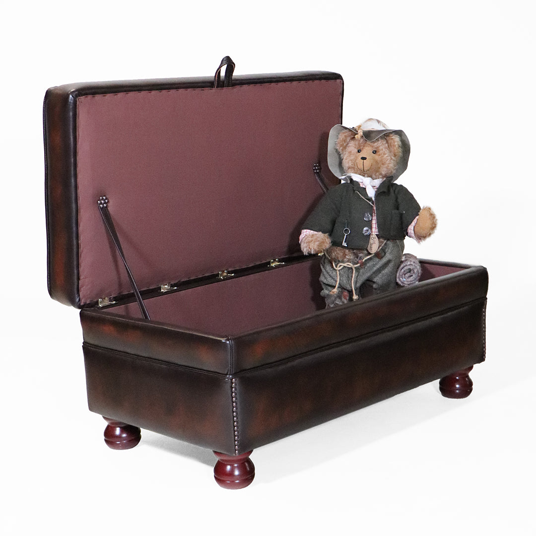 Echtleder Sitzbank Chesterfield Stil Braun mit Stauraum und Holzfüßen - Sofort Lieferbar