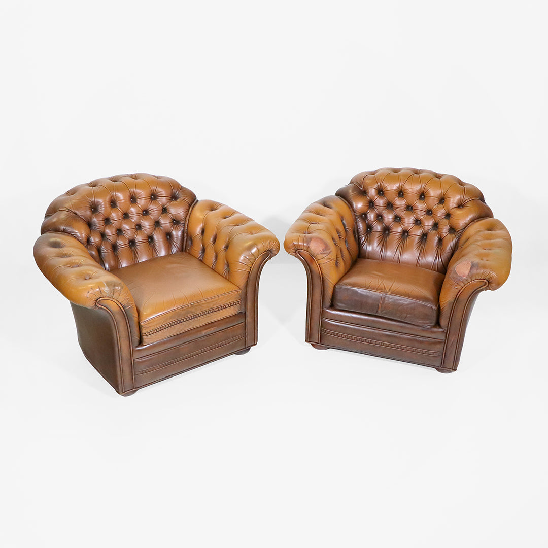 Vintage Ledersessel Paar im Chesterfield Stil Braun 2er Set Clubsessel - Sofort