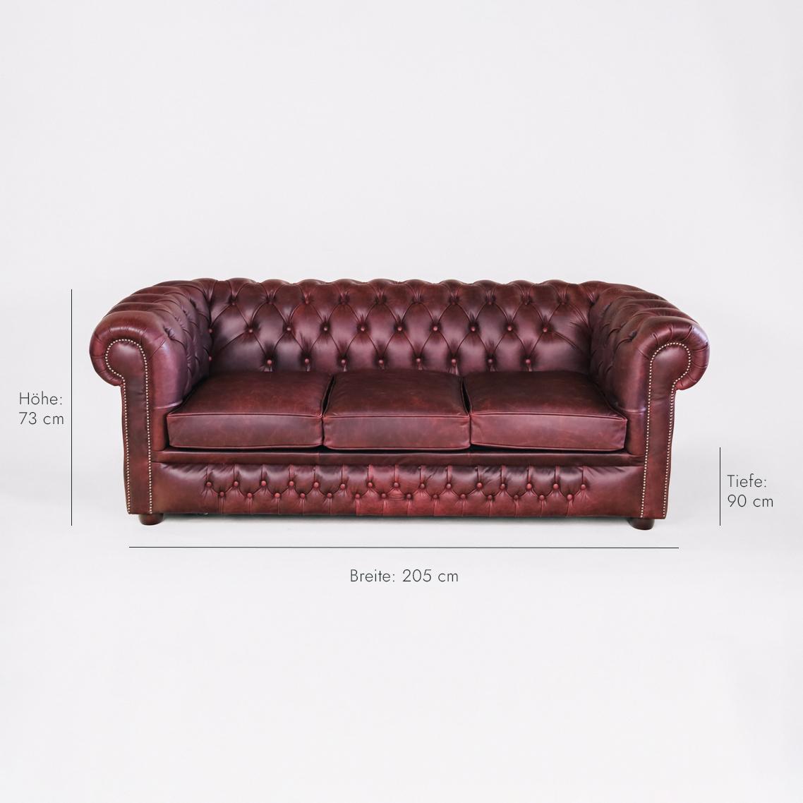 Chesterfield Schlafsofa „London Classic“ 3-Sitzer Leder Mulberry Rot Cracked Wax – Original aus England