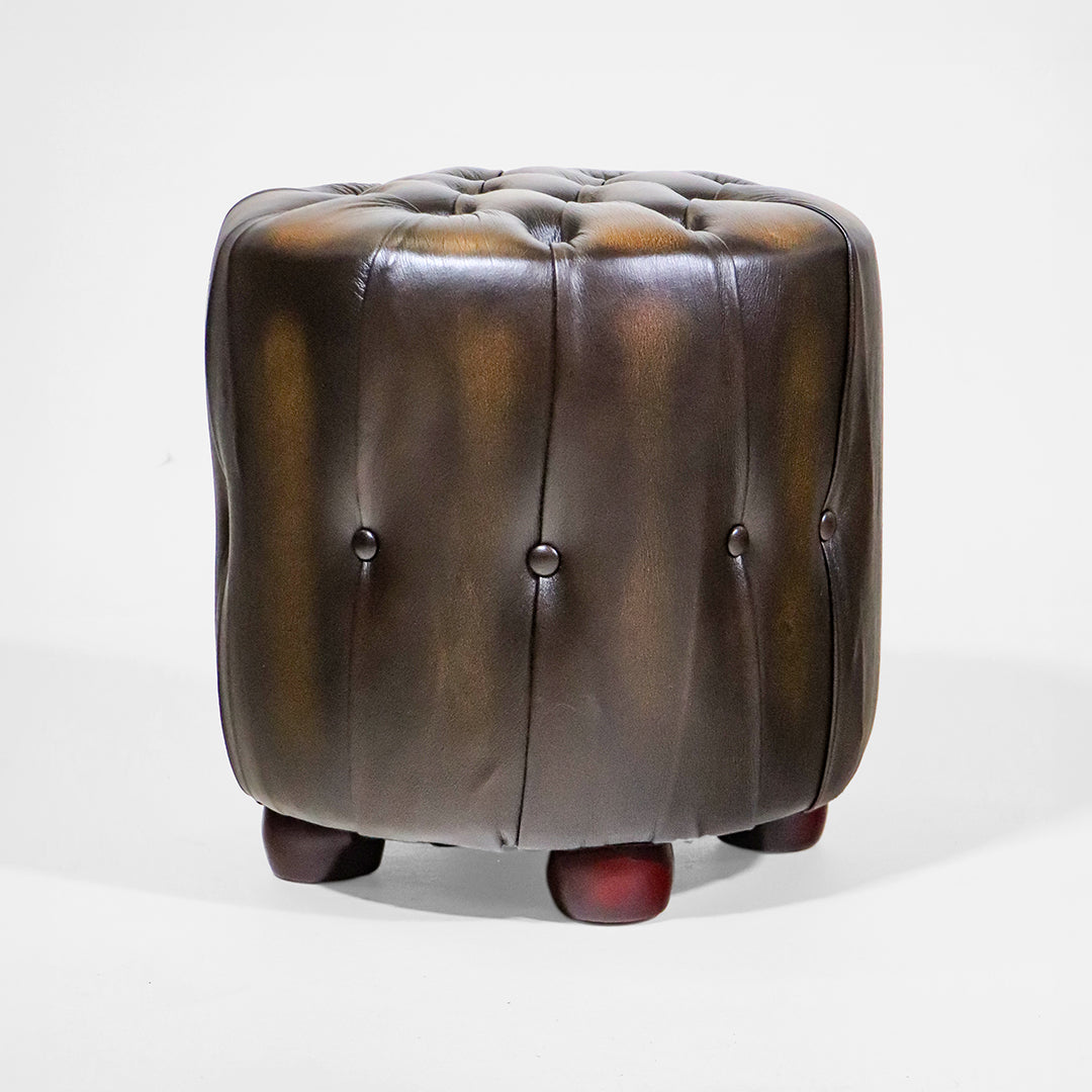 Chesterfield Hocker „Barrel“ – Birch Antique Harvest Gold Leder - Sofort Lieferbar