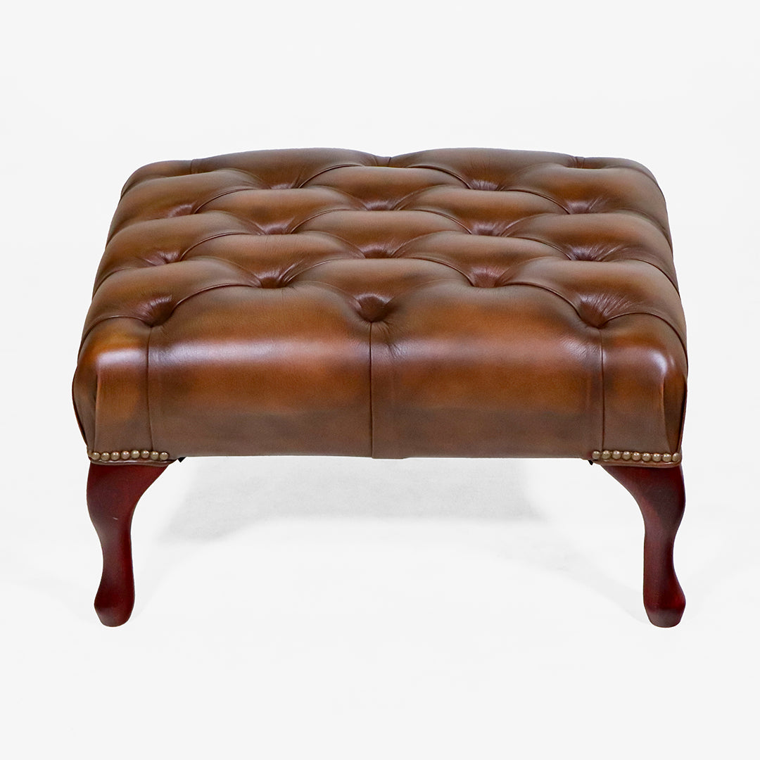 Chesterfield Fußhocker "Queen Anne" in Birch Antique Gold Leder - Sofort Lieferbar