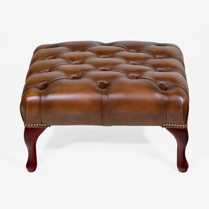 Chesterfield Fußhocker "Queen Anne" in Birch Antique Gold Leder - Sofort Lieferbar