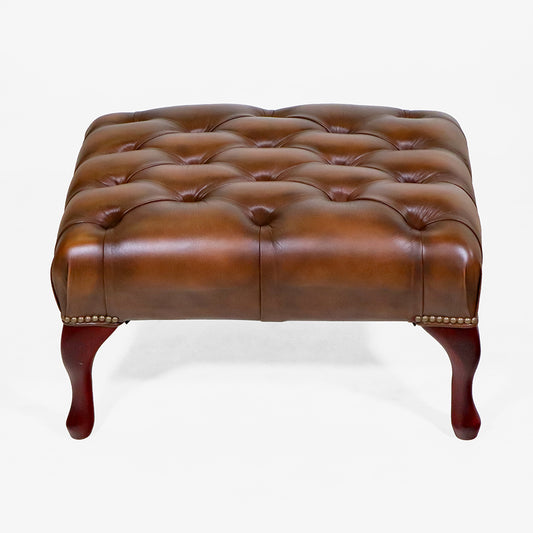 Chesterfield Fußhocker "Queen Anne" in Birch Antique Gold Leder - Sofort Lieferbar