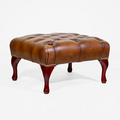 Chesterfield Fußhocker "Queen Anne" in Birch Antique Gold Leder - Sofort Lieferbar