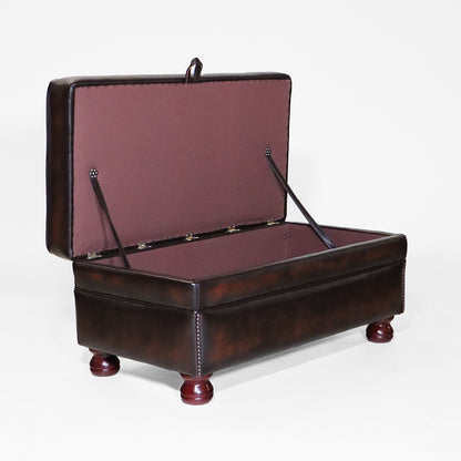 Echtleder Sitzbank Chesterfield Stil Braun mit Stauraum und Holzfüßen - Sofort Lieferbar