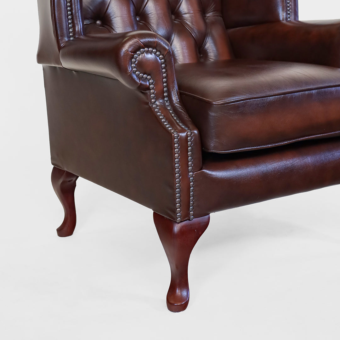 Chesterfield Ohrensessel Braun "Scroll Wing Chair" Ledersessel - Sofort Lieferbar