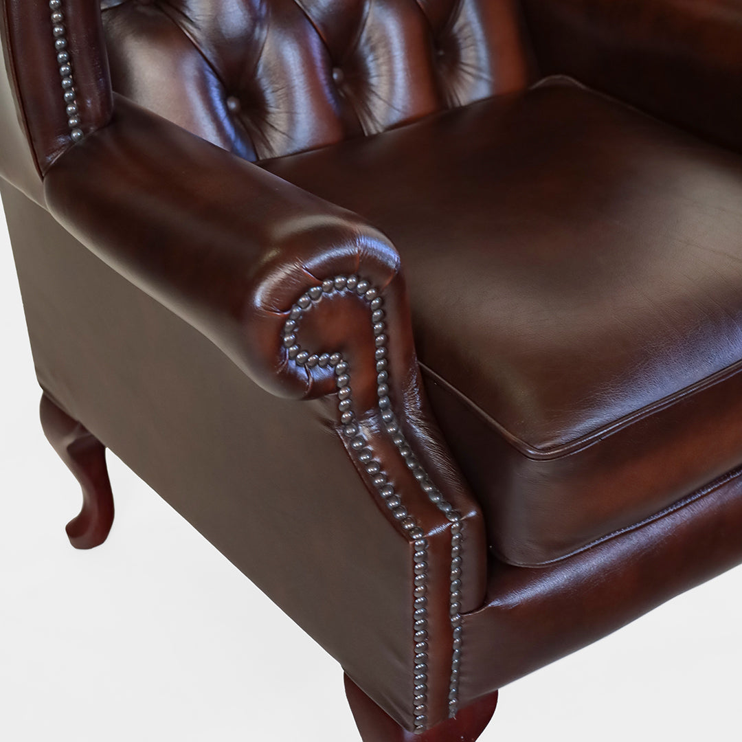 Chesterfield Ohrensessel Braun "Scroll Wing Chair" Ledersessel - Sofort Lieferbar