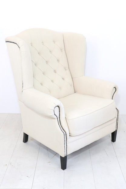Chesterfield Ohrensessel "New Haven" in weißem Stoff - Sofort Lieferbar