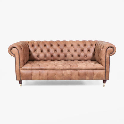 Chesterfield Sofa London Classic 3-Sitzer 195 cm – geknöpfter Sitz, braunes Anilinleder naturbelassen