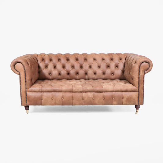 Chesterfield Sofa London Classic 3-Sitzer 195 cm – geknöpfter Sitz, braunes Anilinleder naturbelassen