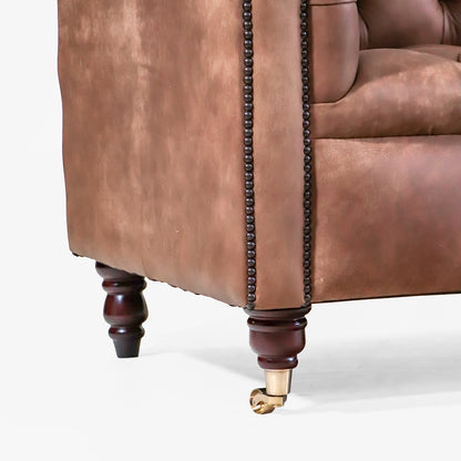 Chesterfield Sofa London Classic 3-Sitzer 195 cm – geknöpfter Sitz, braunes Anilinleder naturbelassen
