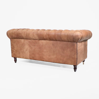 Chesterfield Sofa London Classic 3-Sitzer 195 cm – geknöpfter Sitz, braunes Anilinleder naturbelassen