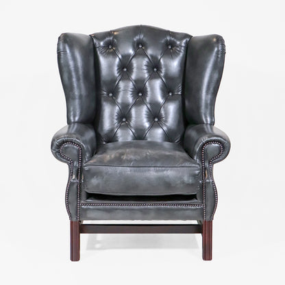 "York" Chesterfield Ohrensessel in Birch Antique Black Leder - Sofort Lieferbar