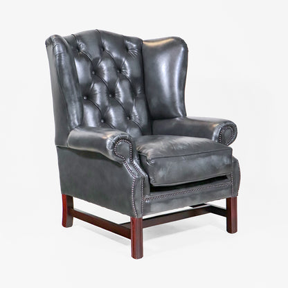 "York" Chesterfield Ohrensessel in Birch Antique Black Leder - Sofort Lieferbar