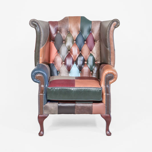 Chesterfield Ohrensessel „Scroll Wing Chair“ aus Patchwork-Leder - Sofort lieferbar