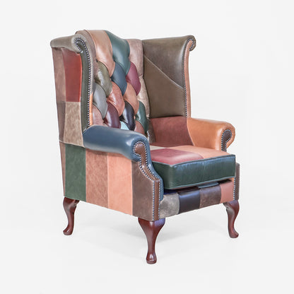 Chesterfield Ohrensessel „Scroll Wing Chair“ aus Patchwork-Leder - Sofort lieferbar