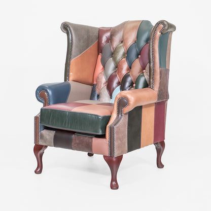 Chesterfield Ohrensessel „Scroll Wing Chair“ aus Patchwork-Leder - Sofort lieferbar