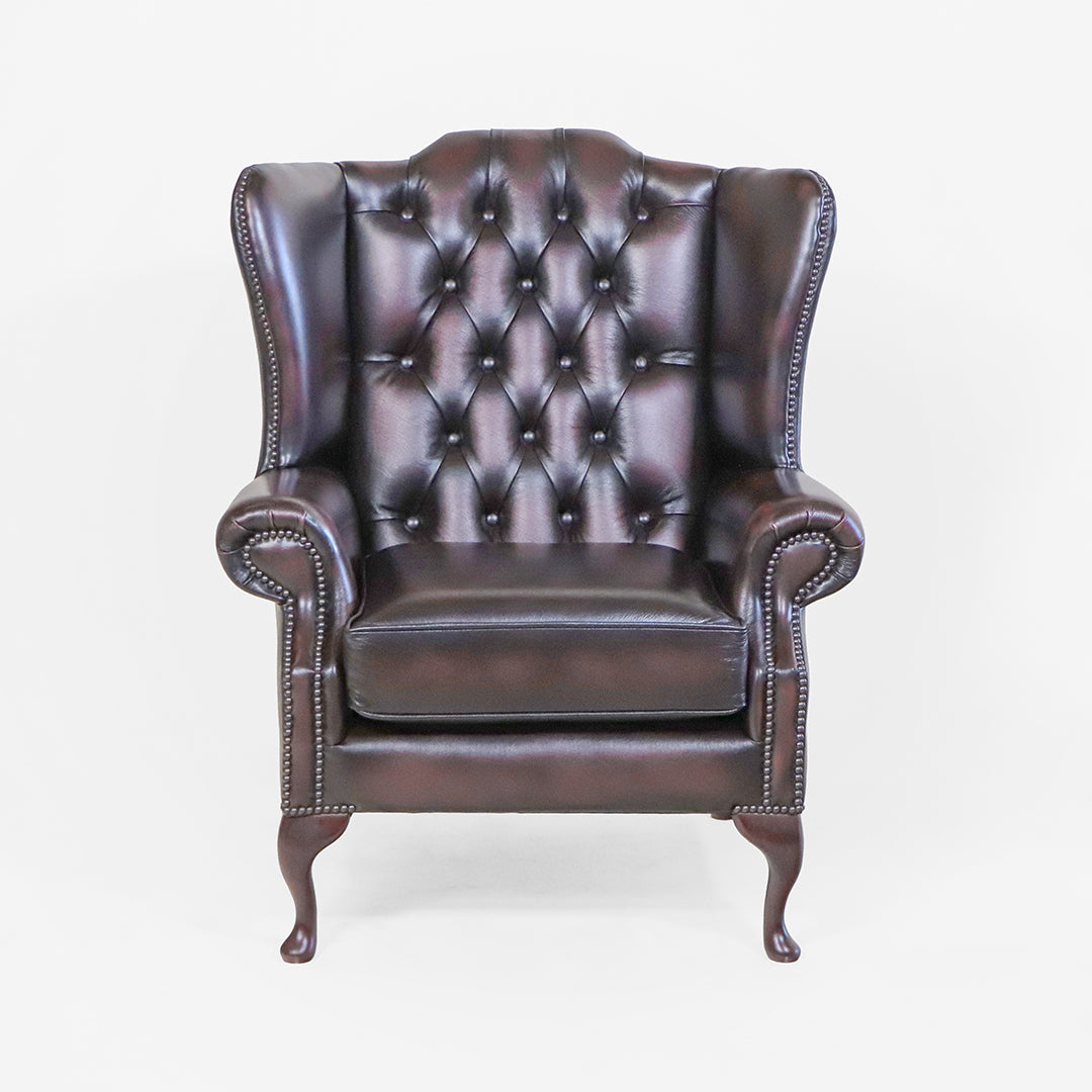 Chesterfield "Queen Anne" Ohrensessel aus Leder in Birch Antique Rust - Sofort Lieferbar