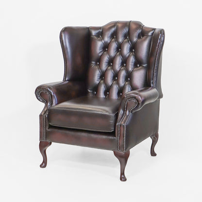 Chesterfield "Queen Anne" Ohrensessel aus Leder in Birch Antique Rust - Sofort Lieferbar