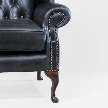 Chesterfield Wing Chair "Queen Anne" aus schwarzem Echtleder - Sofort lieferbar