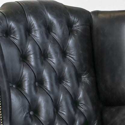 Chesterfield Wing Chair "Queen Anne" aus schwarzem Echtleder - Sofort lieferbar