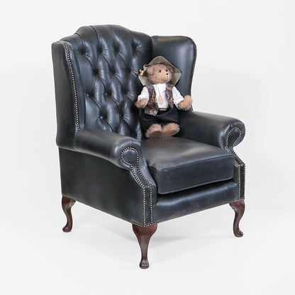 Chesterfield Wing Chair "Queen Anne" aus schwarzem Echtleder - Sofort lieferbar